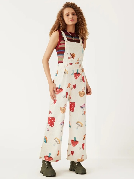 Cider Denim - Cider Mushroom Print Corduroy Overalls Wide Leg Cottagecore Indie Beige L